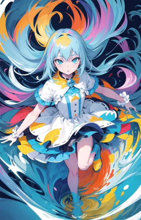 (flat color:1.1),(colorful:1.3),(masterpiece:1.2), best quality, masterpiece, original, extremely detailed wallpaper, looking at viewer,1girl,solo,floating colorful water,red, orange, yellow,blue