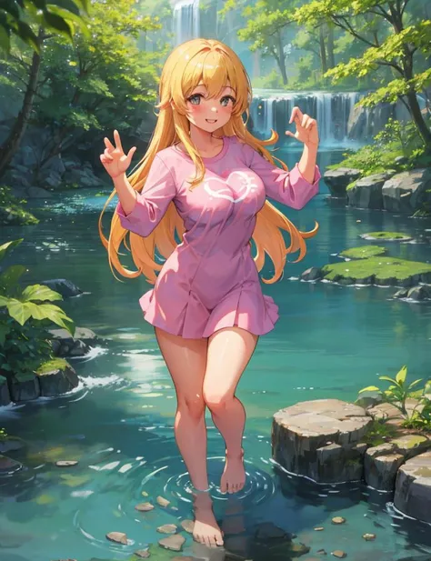 masterpiece, best quality,1girl,nice hands, smile, blush, happy, cute face, forest, waterfall, lake, tree, standing in water, paw pose, looking at viewer, barefoot, spoken heart,big breasts