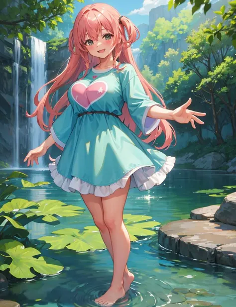masterpiece, best quality,1girl,<lora:envybetterhandsLocon_beta2:1>,nice hands,<lora:2R 12E CosineRestart Animefullpruned Locon Lycoris:0.8>, smile, blush, happy, cute face, forest, waterfall, lake, tree, standing in water, paw pose, looking at viewer, barefoot, spoken heart,big breasts