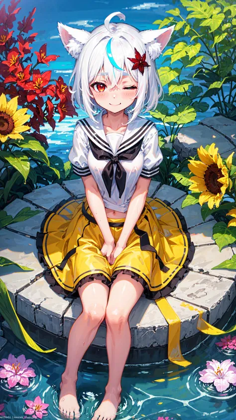 Volumetric Lighting, Best Shadows, Shallow Depth of Field, (Highest Quality, Amazing Details:1.25), Brilliant Colorful Paintings, (((surrounded by colorful splashes))), ((bright color)), colorful bubble, ((shining)), Aestheticism, masterpiece, multicolored background,
wolf ears, white hair, short hair, split ponytail, (((colored inner hair))), bow, hair bow, ahoge, bangs, hair ornament, hair between eyes, blush,
Portrait Of Stunningly Beautiful Girl, Delicate Beautiful Attractive Face With Alluring Red Eyes, Messy Painted Face, Sharp white Eyebrows, Blush Eyeshadow, Thick Eyelashes, Lovely Small Breasts, Slim Waist, full body, (((1girl))), colorful spray, looking at viewer, face focus, one eye closed, evil smile, fang out, flower, leaf, water, high quality, Open Navel, short sleeves, Mini Underboob sailor collar, miniskirt, hair flower, feathers, lily, Oryza, barefoot, sitting, hair ribbon, dark skin, godray, short girl, ((splashing)), wet clothes, sunny,