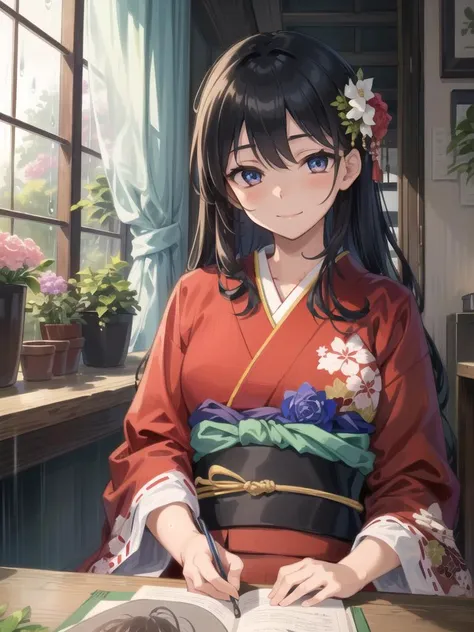1girl, solo, 14yo,
(masterpiece, finely detailed beautiful eyes: 1.15), (lustrous skin),shiny skin,
(masterpiece:1.15), (best quality:1.15), (ultra-detailed:1.11), (illustration:1.1), (detailed light:1.1),(an extremely delicate and beautiful:1.2),
japanese red kimono, flowers, rain, window, 
indoors,
light smile,