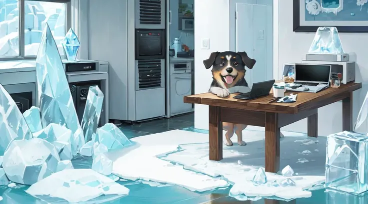 a cute dog sitting on chair in front of a table and room is frozen, icing, ice,toon \(style\), cartoon,ice cube, computer on table,dog