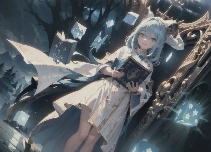 (masterpiece, top quality, best quality, official art, beautiful and aesthetic:1.2), (1 man standing), extreme detailed, highest detailed, (wizard hat), Magician, Wand, Adventure, (detail Outskirts background), (forest), (Magic World), ((A huge blue magic cube with blue light floating in the air)), Magic Circle, Sealed Demon, Wrath, Magic Text, (Huge Book ahead) , wide background, full body, ((long Shot)), (((symmetrical composition))), (front) ,(confident smiley face), (confident eyes), ((Morning)), ((daytime)), clouds, ((elevation angle)), (white clothing)
