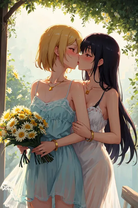 nsfw,(collarbone:1.331), (camisole:1.21),2 girls,yuri,lesbian,kiss,lesbian,pussy, sex,a woman in a floral dress and straw hat standing on a tree brancha ,wet see-through dress,woman in a gray dress holding a bouquet of daisies, a stock photo by Oleg Oprisco, pinterest, art photography, made of flowers, soft light, enchanting, intimate but not tight, cuffs decorated with light gold lines, People can't help but think of the stars twinkling in the starry sky, wearing a necklace made of sapphire and gold,calling lightning, fireball,skirtlift,<lora:skirtlift-v4:0.8>, <lora:inniesBetterVulva_v11:0.35>, <lora:betterKisses_v10IntialRelease:0.7>