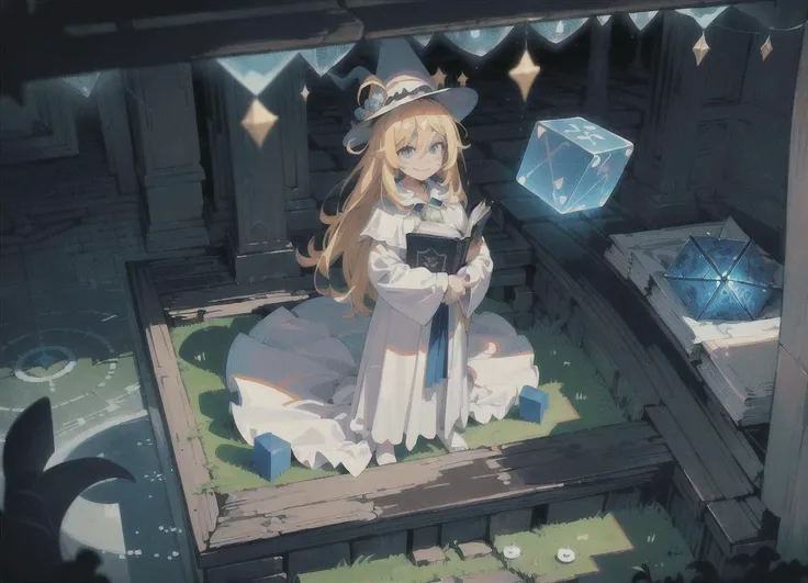 (masterpiece, top quality, best quality, official art, beautiful and aesthetic:1.2), (1 man standing), extreme detailed, highest detailed, (wizard hat), Magician, Wand, Adventure, (detail Outskirts background), (forest), (Magic World), ((A huge blue magic cube with blue light floating in the air)), Magic Circle, Sealed Demon, Wrath, Magic Text, (Huge Book ahead) , wide background, full body, ((long Shot)), (((symmetrical composition))), (front) ,(confident smiley face), (confident eyes), ((Morning)), ((daytime)), clouds, ((elevation angle)), (white clothing)