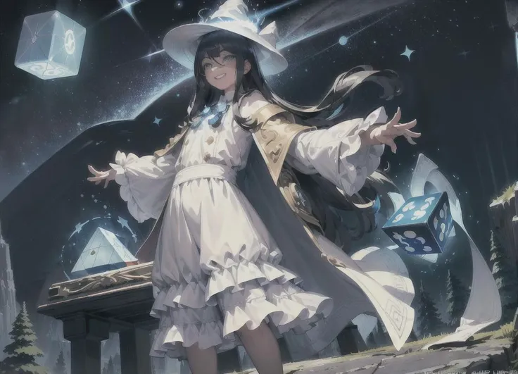 (masterpiece, top quality, best quality, official art, beautiful and aesthetic:1.2), (1 man standing), extreme detailed, highest detailed, (wizard hat), Magician, Wand, Adventure, (detail Outskirts background), (forest), (Magic World), ((A huge blue magic cube with blue light floating in the air)), Magic Circle, Sealed Demon, Wrath, Magic Text, (Huge Book ahead) , wide background, full body, ((long Shot)), (((symmetrical composition))), (front) ,(confident smiley face), (confident eyes), ((Morning)), ((daytime)), clouds, ((elevation angle)), (white clothing)