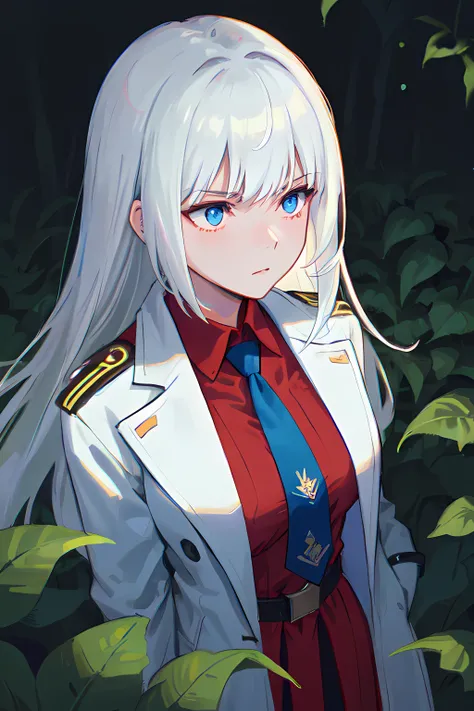 1girl, white hair, long hair, dress, coat, military, blue eyes, puffer clothes, vegetation, alone, determined, necktie, futuristic, jewelry, red mist around, dark forest, light particles, (masterpiece, best quality:1.6), cleavage, accurate anatomy, highly detailed, cinematic lighting deep shadows, from above, serious, mature female,