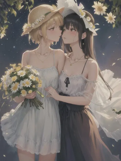 nsfw,(collarbone:1.331), (camisole:1.21),2 girls,yuri,lesbian,kiss,lesbian,pussy, sex,a woman in a floral dress and straw hat standing on a tree brancha ,wet see-through dress,woman in a gray dress holding a bouquet of daisies, a stock photo by Oleg Oprisco, pinterest, art photography, made of flowers, soft light, enchanting, intimate but not tight, cuffs decorated with light gold lines, People can't help but think of the stars twinkling in the starry sky, wearing a necklace made of sapphire and gold,calling lightning, fireball,skirtlift,<lora:skirtlift-v4:0.8>, <lora:inniesBetterVulva_v11:0.35>, <lora:betterKisses_v10IntialRelease:0.7>