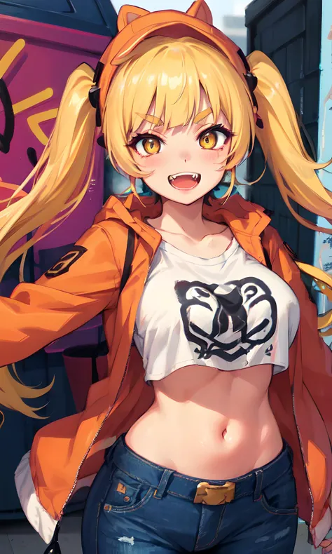 Original Character, Volumetric Lighting, Best Shadows, Shallow Depth of Field, Portrait Of Stunningly Beautiful Girl, Petite, Delicate Beautiful Attractive Face With Alluring Yellow Eyes, Messy Painted Face, Sharp Eyebrows, Broadly Smiling, Open Mouth, Fangs Out, Lovely Medium Breasts, Layered Long Twintail Blond Hair, Blush Eyeshadow, Thick Eyelashes, Applejack Hat, Oversized Pop Jacket, Mini Underboob Tee, Open Navel, Slim Waist, Denim Jeans Pants, With Buckle Belt, In The Graffiti Alley, Waste Container, Outside Stairs, Outdoor Unit, Holding Spray Paint Can, Standing, (Highest Quality, Amazing Details:1.25), (Solo:1.3), Brilliant Colorful Paintings