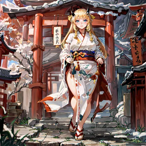 ((pklus size)), 1girl, 4k, HDR, mature oni-girl, ((shrine maiden)), long smooth ((oni horns)), (venetian blonde hair), (chubby:1.4), japanese shrine guardian, seductive smile,bare feet,full body, (best quality), (masterpiece:1.2), 4k ,(ultra detailed:1.2)