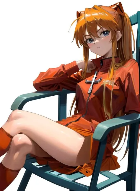 masterpiece, best quality, masterpiece, asuka langley sitting cross legged on a chair