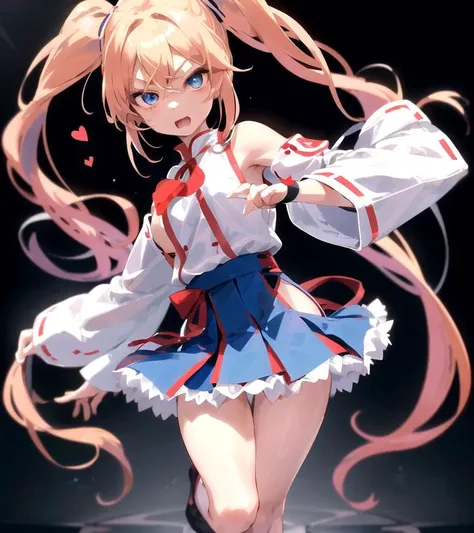 Miko is a cute and spunky anime girl with long blonde hair styled in pigtails. She has big, expressive blue eyes and a small, heart-shaped face. She stands at about average height for her age and has a slender, athletic build. In her everyday attire, Miko is often seen wearing a school uniform consisting of a white blouse and blue skirt.