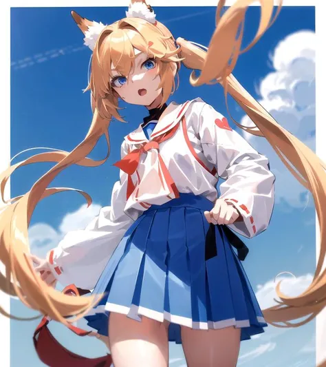 Miko is a cute and spunky anime girl with long blonde hair styled in pigtails. She has big, expressive blue eyes and a small, heart-shaped face. She stands at about average height for her age and has a slender, athletic build. In her everyday attire, Miko is often seen wearing a school uniform consisting of a white blouse and blue skirt.