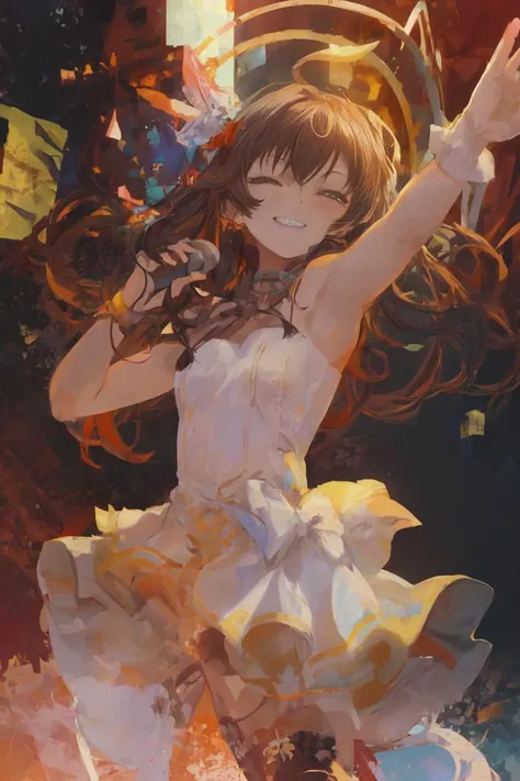 ,(1girl, solo focus:1.4), starry eyes, wide eyes, bubbly, (very curly hair:1.4), smug, sweet, brat, red hair accents, brown hair, brunette, idol, smiling, white dress, glitter dress, red eyes, (very long hair:1.3), diamond bracelet, sleeveless dress, strapless dress, arms outstretched, holding microphone, singing, stage, stage lighting, one eye closed, winking, grin,