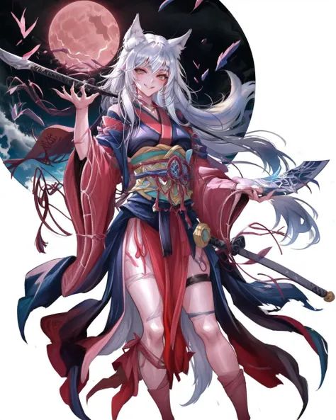 <lora:warrior:1> 1girl, samurai, centre parting bangs, asymmetric bangs, eyeshadow, wolf ears, japanese_clothes, evil smile, highres, comic, (((ink))), ((watercolor))
