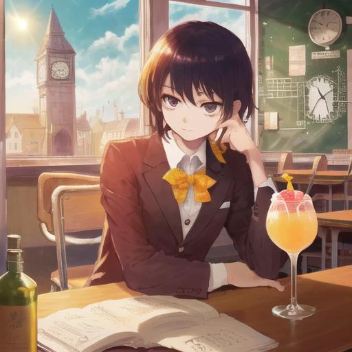 school,noon,childen,clock,sunshine,a childen wear a blazer,dirink coctail,