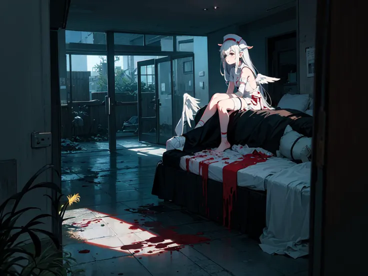 hospital bed, ruins
2girls, angel wings, nurse, sheep
(bandages)
(landscape:0.8),
[black theme, flat color]
((spider_lily)), blood