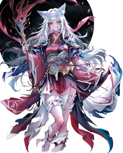 <lora:warrior:1> 1girl, samurai, centre parting bangs, asymmetric bangs, eyeshadow, wolf ears, japanese_clothes, evil smile, highres, comic, (((ink))), ((watercolor))