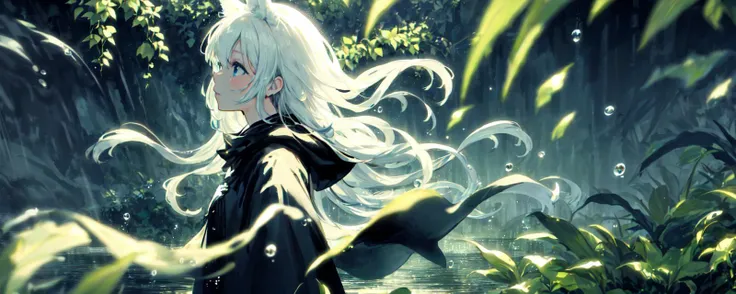 white messy hair (()) wearing black cloak, (motion blur flying waterdrop) ,(realistic lighting) with video game fantasy,
(masterpiece),side face, (limited_palette),(shaggy_sheep_ears_ girl), overgrowth plant,
blue eyes,