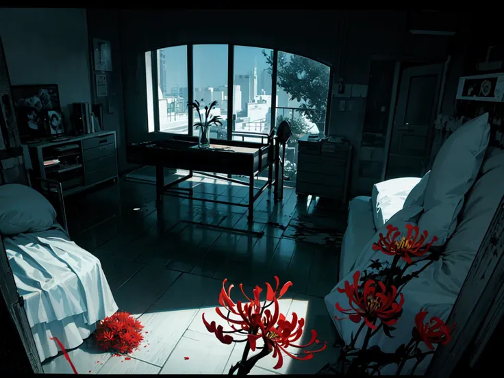 hospital bed, ruins
angel,  tears
(bandages)
(landscape:0.8),
[black theme, flat color]
((spider_lily)), red flower, blood
eldritch abomination