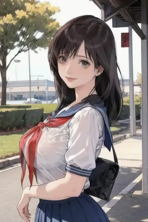 1girl, looking at the viewer, large breasts, lactation, ichigoaya, solo, school uniform, serafuku, red neckerchief, the whole body,