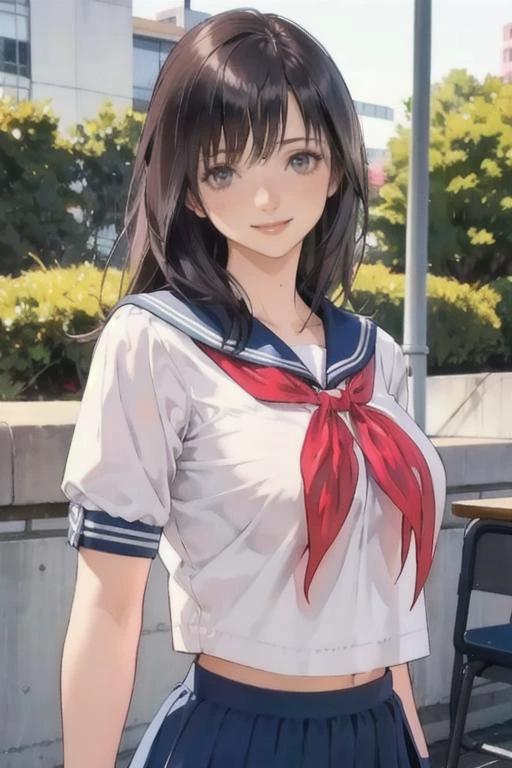 1girl, looking at the viewer, large breasts, lactation, ichigoaya, solo, school uniform, serafuku, red neckerchief, the whole body,