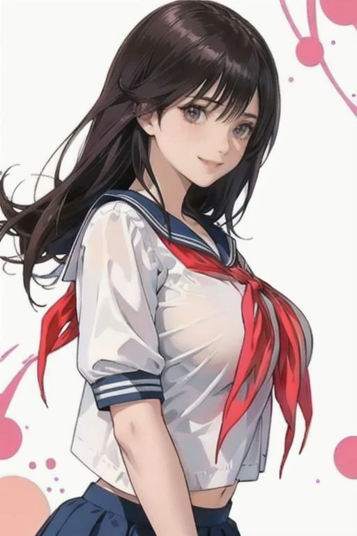 1girl, looking at the viewer, large breasts, lactation, ichigoaya, solo, school uniform, serafuku, red neckerchief, the whole body,