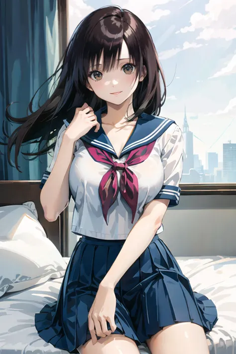 (masterpiece:1.3, top-quality, ultra high res, ultra detailed), (realistic:1.1, photorealistic:1.4), beautiful illustration, perfect lighting, colorful, depth of fields,
beautiful detailed hair, beautiful detailed face, beautiful detailed eyes, beautiful clavicle, beautiful body, beautiful chest, beautiful thigh, beautiful legs, beautiful fingers,
looking at viewer, 1 girl, japanese, high school girl, perfect face, (perfect anatomy, anatomically correct), cute and symmetrical face, babyface, suntan, shiny skin,
(long hair:1.5, straight hair:1.6, black hair), asymmetrical bangs, , blue eyes, drooping eyes, long eye lasher, (medium breasts), slender,
(detailed cloth texture), short sleeve, blue sailor suit, pleated skirt, red sailor scarf,
(beautiful scenery), evening, (outdoors, cityscape in the distance), squatting, (wince, panicking, parted lips),