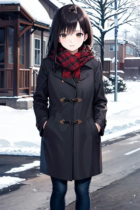 masterpiece, best quality, highres, ichigoaya, solo, coat, scarf, winter clothes, <lora:toujou_aya_v1:0.7>, snow, steet, standing,