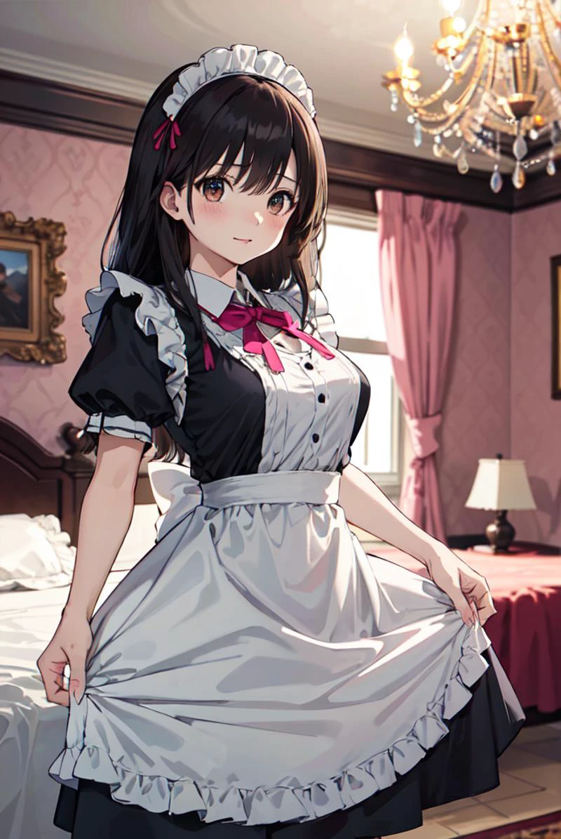 colorful, masterpiece, best quality, highres, ichigoaya, solo, maid headdress, maid, apron, <lora:toujou_aya_v1:0.7>, indoors, skirt hold, chandelier, bedroom, pink bedroom