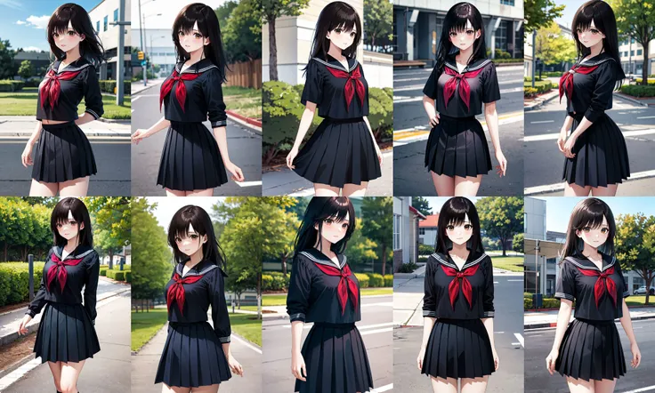 masterpiece, best quality, highres, ichigoaya, solo, school uniform, serafuku, black sailor collar, red neckerchief, black shirt, black skirt, <lora:toujou_aya_v1:0.7>, cowboy shot, standing, outdoors