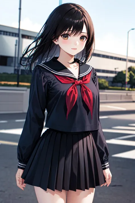 masterpiece, best quality, highres, ichigoaya, solo, school uniform, serafuku, black sailor collar, red neckerchief, black shirt, black skirt, <lora:toujou_aya_v1:0.7>, cowboy shot, standing, outdoors