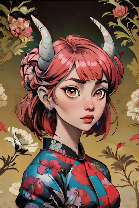 <lora:streettones:0.7> portrait of a woman wearing Puff-sleeve wrap blouse with a floral print. with Mighty Ox Horns, (solo), street_tones, masterpiece, 8k, high resolution, shallow depth of field, sharp focus