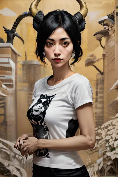 <lora:streettones:1.0> portrait of a woman wearing Scoop neck fitted t-shirt with a cropped length. with Fierce Ibex Horns, (solo), street_tones, masterpiece, 8k, high resolution, shallow depth of field, sharp focus