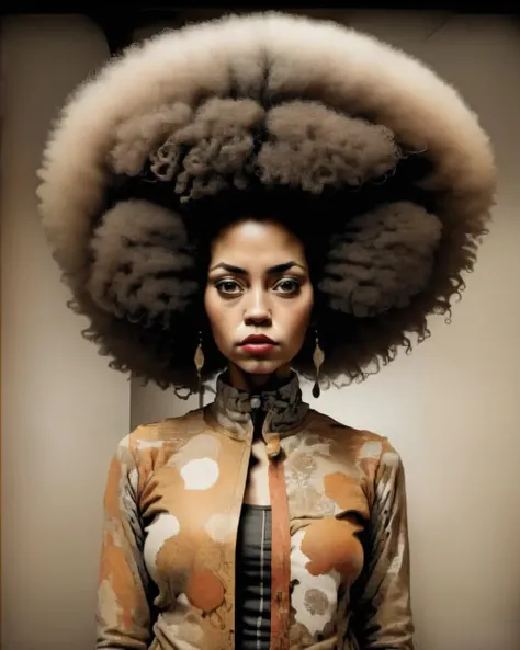 a woman with a very large afro hair<lora:street_tones:1.0>