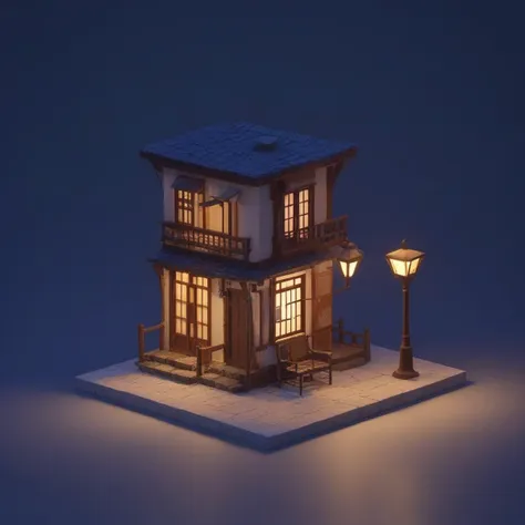 isztoksk, no humans, lamppost, window, scenery, door, building, night, lamp, simple background, 3d, miniature, isometric, game design, octane render, masterpiece, best quality