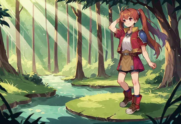 score_9, score_8_up,score_7_up, source_furry, source_ anime,
BREAK
forest, pond, light rays, dynamic lighting,
BREAK
1girl, looking up, smiling, half closed eyes, <lora:estelle-pdxl-nvwls-v1:0.95> fcEstelle, twintails, red jacket, blue shoulder pad, white shirt, red skirt, short shorts, red boots, <lora:Imoco:0.9>
