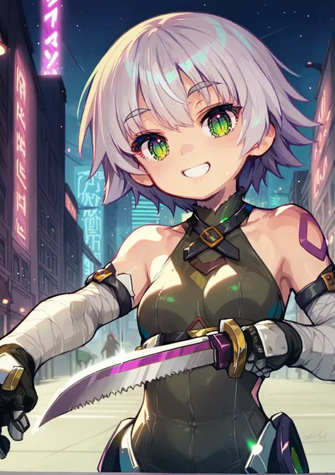 1girl, jack the ripper \(fate/apocrypha\), short hair, white hair, green eyes, holding weapon, knife, smile, city, outdoors, neon lights <lora:Imoco-10 kula:1>, score_9, score_8_up, score_7_up, score_6_up, score_5_up, score_4_up, BREAK source_anime, masterpiece