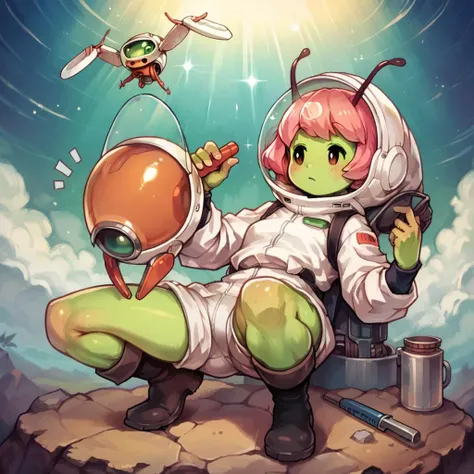 score_9, score_8_up, score_7_up ,score_6_up, source_anime, alien, astronaut suit, green skin, pink hair, <lora:Vanillaware_XL:1>, skin tight, boots, female, mob face, antennae, tools, fixing a machine
