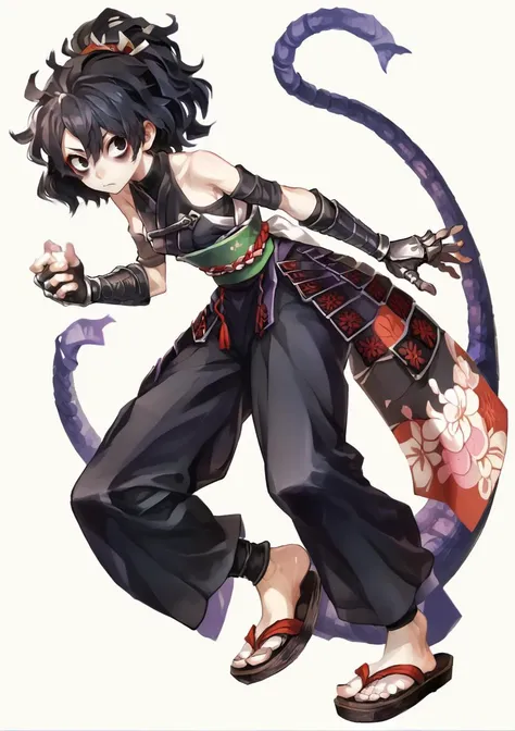((masterpiece)), (pale skin:1.3), (bokeh effect), (dynamic angle), (blurry background:1.3), (dynamic pose:1.1), sharp eyes, (1girl:1.2), (black hakama:1.3), (short hair:1.1), dark hair, (hair with long locks:1.3), (blunt bangs:1.1), armpits, (bare back:1.1), (elbow gloves:1.3), (bare shoulders:1.3), (sideboob:1.2), (solo:1.3)