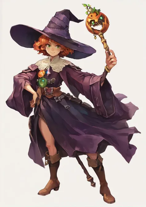 masterpiece, white background, simple background , full body, standing, smile, orange hair, short hair, permanent, curly hair, green eyes, witch hat, simple clothes, boots, holding staff, <lora:Vanillaware_XL:1>, score_9, score_8_up, score_7_up, score_6_up, score_5_up, score_4_up, BREAK source_anime, masterpiece