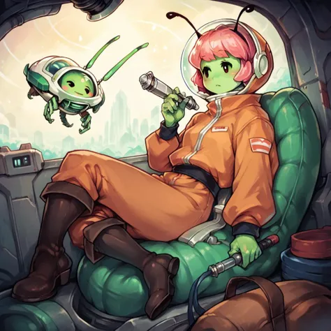 score_9, score_8_up, score_7_up ,score_6_up, source_anime, alien, astronaut suit, green skin, pink hair, <lora:Vanillaware_XL:1>, skin tight, sitting, boots, female, mob face, antennae, tools, spaceship maintenance, welding tool,