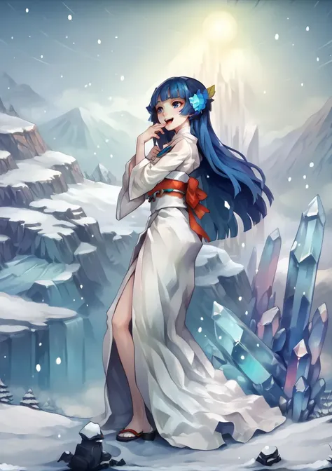 1girl, standing, smile, open mouth, hand on mouth, pale skin, white skin, hime cut, long hair, blue hair, blue eyes, white kimono, yukionna, outdoors, snowy mountain, ice <lora:Vanillaware_XL:1>, score_9, score_8_up, score_7_up, score_6_up, score_5_up, score_4_up, BREAK source_anime, masterpiece