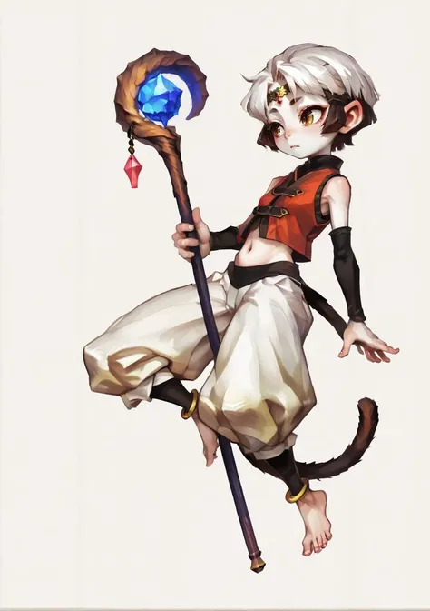 masterpiece, white background, simple background, shortstack, slender, white skin, 1girl, solo, very short hair, (white hair), round ears, monkey tail, monstergirl, furry arms, furry legs, white saggy pants, barefoot, anklets, red vest, sarashi, navel, staff, circlet <lora:Vanillaware_XL:1>, score_9, score_8_up, score_7_up, score_6_up, score_5_up, score_4_up, BREAK source_anime, masterpiece