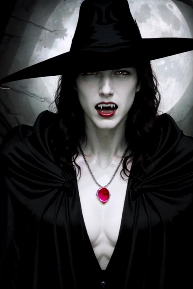 ((realistic photo)) ((pale white man face, shoulders)) (( wide black brimmed, black hat, dark hat:1.4 )) ((thin lean hollow hungry face, handsome)) ((ultra-HD-details))((long brown hair)) ((open mouth showing fang canines)) ((detailed amazing hyper_detailed, absurdres, photo, masterpiece))  ((black cloak:1.5))((huge bright lit moon entire background)) ((furrowed-brow, angry, expression, snarling)) ((medium depth  focus))  [blushed red lips] 
((detailed healthy, pale skin, pores, tones, creases, folds)) ((8k award winning, best quality))  ((1gem, large glinting, oval, red ruby cabochon pendant necklace:1.5)) 
RAW photo, subject, 8k uhd, soft lighting, high quality, film grain, Fujifilm XT3
 <lora:VampireHunterD004:.5> vhdbackground, solo, 1boy, looking at viewer <lora:l_ang_ae_sd_64_32:.4>   <lora:leco_pale_skin_last:-2> ((pale skin, white skin))  <lora:LowRA_v2:.3>  <lora:fangs:.6> (parted lips, showing realistic sharp teeth fangs)