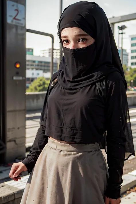 ((slender girl:2)) ((wearing a black burqa)) ((realistic, photorealism)) ((rundown industrial background:2)) ((wearing a modest long burkha, long black skirt, only eyes showing:2))
((ultra-HD-details)) ((detailed amazing hyper_detailed, absurdres, photo, masterpiece))
((8k award winning, best quality))
RAW photo, subject, 8k uhd, soft lighting, high quality, film grain, Fujifilm XT3 <lora:burqa:.6> burqa style <lora:Ellie:1> ellie, solo, brown hair, freckles, green eyes, <lora:Hijab with mask veil:.4> mask, veil, woman, hijab, black