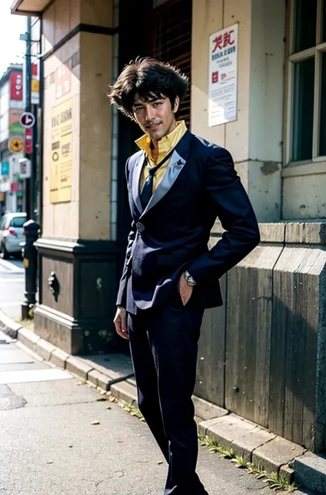 ((standing man, smile))  <lora:cowboybebop_spike:1> spikespiegel, solo, 1boy, male focus, jacket, cigarette, necktie, pants, shirt, formal, suit  ((grimy future japan city background)) ((yellow shirt collar)) ((messy hair))