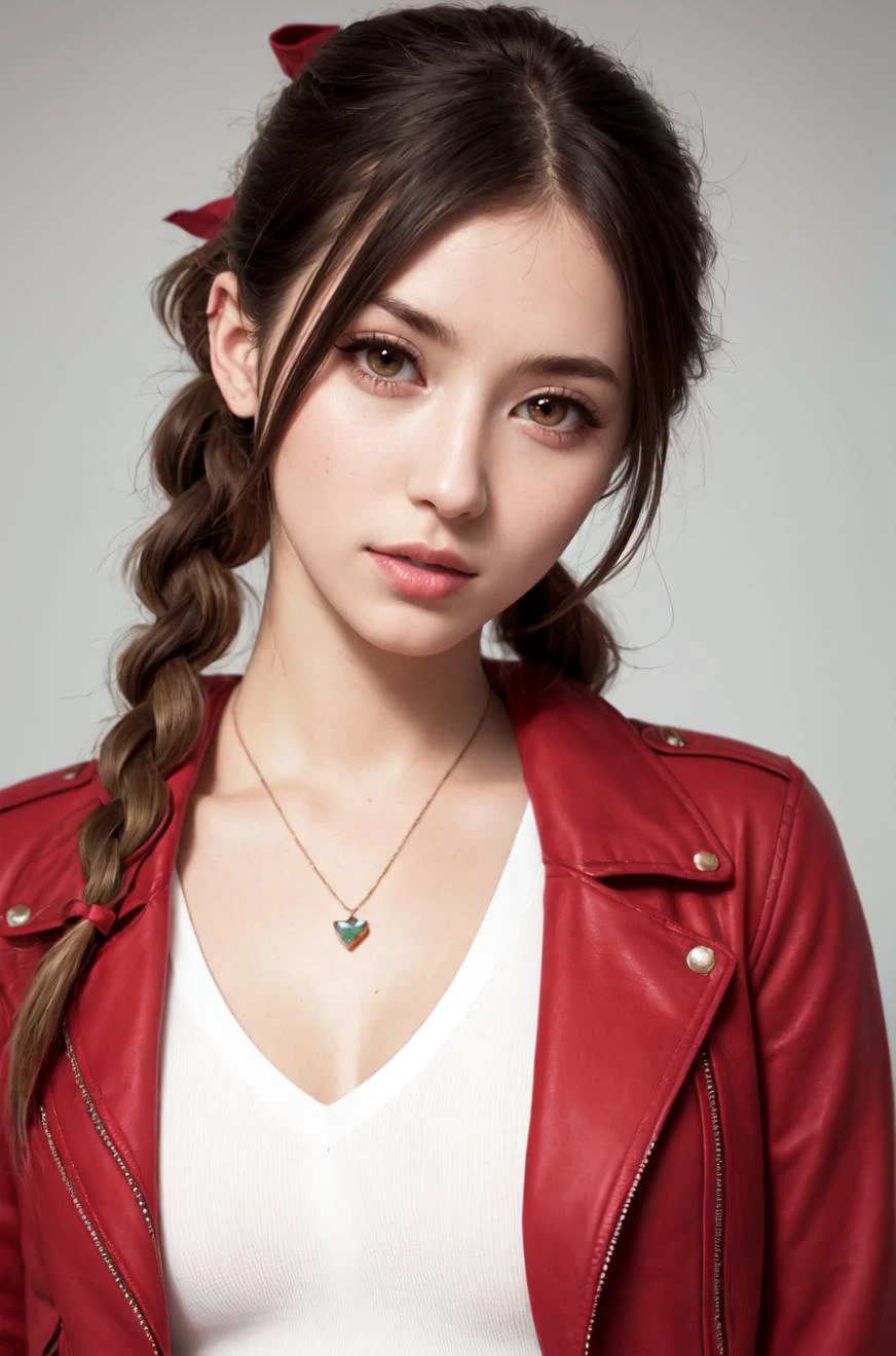 ((detailed healthy, pale skin, pores, tones, creases, folds)) ((8k best quality))
<lora:aerithgainsborough-lora-nochekaiser:1> aerith gainsborough, solo, 1girl, brown hair, long hair, dress, green eyes, ribbon, hair ribbon, braid, pink dress, jewelry, cropped jacket, red zippered jacket, sidelocks