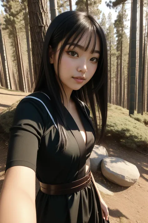 1girl, (landscape art by Eilif Peterssen:0.8) and (Qian Xuan:0.7) , grand Painting, elegant, selfie shot angle of a Unsightly Sci-fi Black and Green ("Grandpa vs. Sexual Inadequacy":1.3) , Pine tree background, dense hillside with Bamboo shoot, Smoky Conditions, horizon-centered, Realistic, Light and Bright, Royalcore, volumetric lighting, F/14, Dark hue, sunbeam, cinematic, extremely beautiful, Flickr