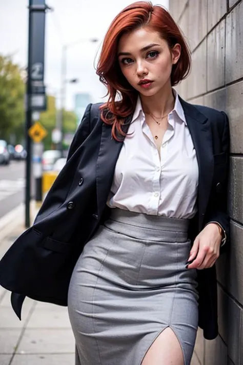 ((lily cole)) (((((:1.5))))) ((red_hair, High_broad_forehead, pale_white_skin, wide_beautiful_green_eyes, plump_red_lips, pointed_chin, heart_shaped_face)) ((tiny_slender_neck)) ((business_casual_suit_coat)) ((red_hair:2)) (pencil_skirt))